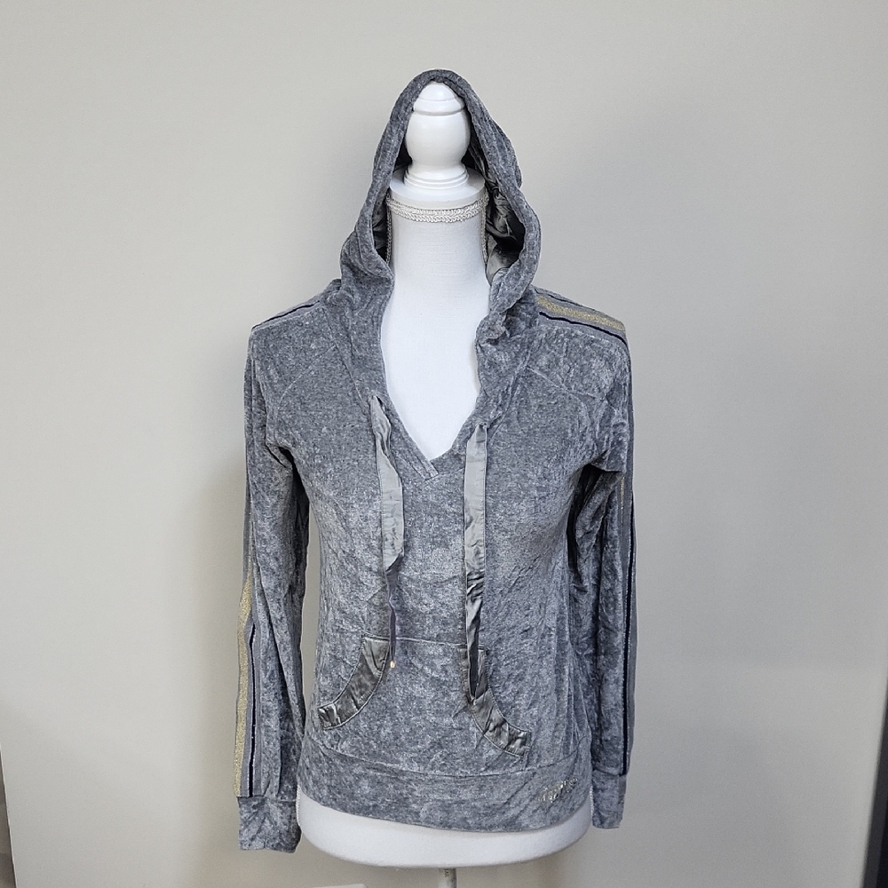 MEETING Active People Italian Gray Velour Pullover Satin Trim Hoodie
